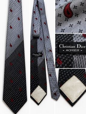 Vintage Christian Dior Monsieur Silk Tie Paisley Geometric Split Design
